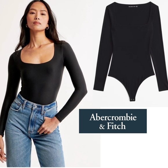 Abercrombie&Fitch Long-Sleeve Squareneck Corset Bodysuit Black size S - Picture 1 of 10